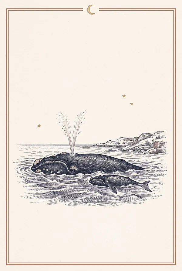 Carta del mazo Río de la Plata: una ballena franca y su cría nadando cerca de la costa.