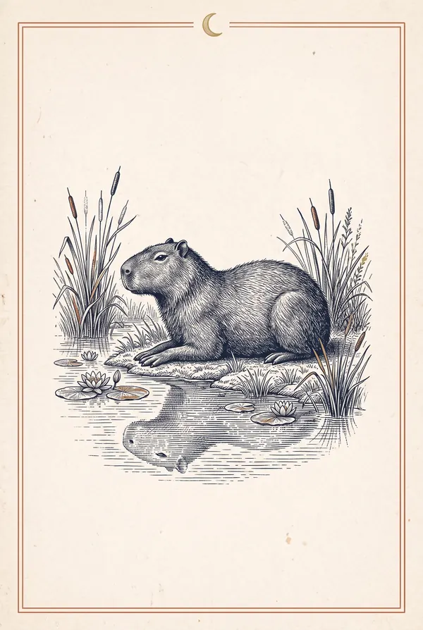 Carta del mazo Río de la Plata: un carpincho descansando a la orilla de un arroyo, entre juncos.