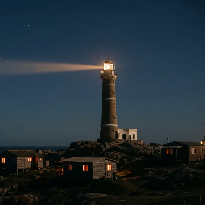 El faro de Cabo Polonio de noche, con su haz de luz cruzando el cielo y las casitas iluminadas sobre las rocas.