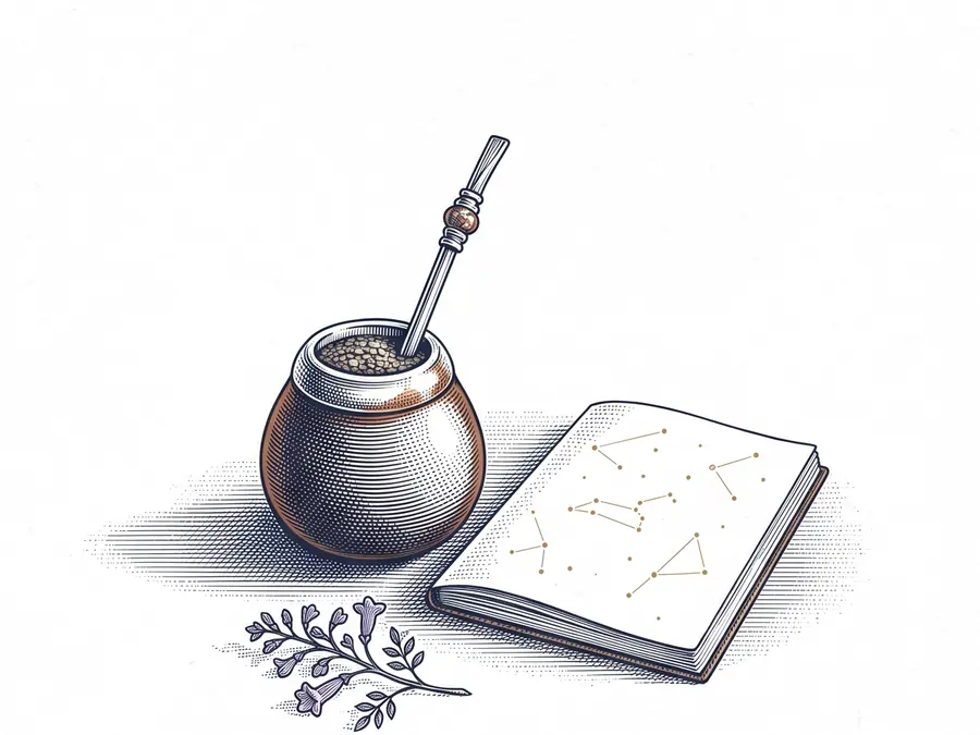 Grabado de un mate con bombilla junto a un cuaderno abierto con constelaciones y una ramita de jacarandá, a la luz de la mañana.